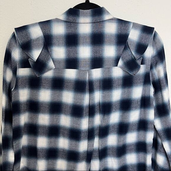 Club Monaco Evira Cotton Plaid Flannel Ruffle Button Down Shirt - Picture 5 of 9
